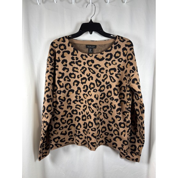 Rachel Zoe Leopard Print Knit Sweater Womens Medium Tan Black Crew Neck Pullover - Picture 1 of 4